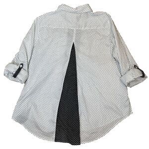 Chicos 2 Top Size 12 Large Black White Polkadot Button Down Shirt HiLow Roll Tab